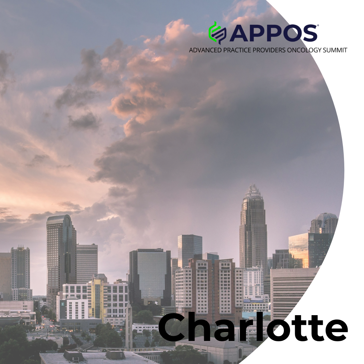 A photo of the Charlotte skyline with the APPOS logo across the top