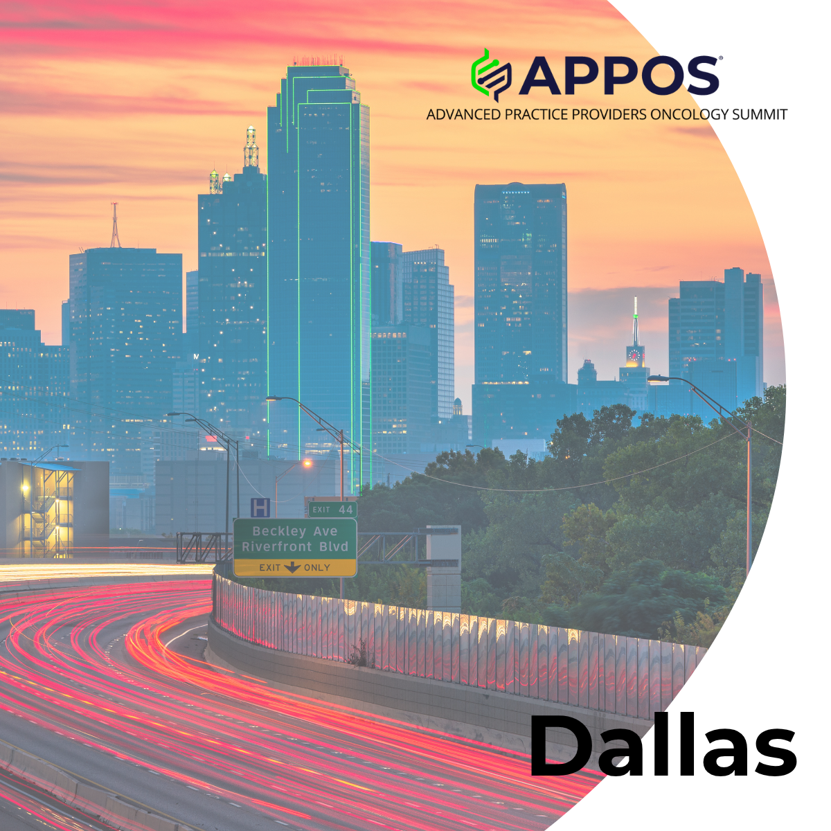A photo of the Dallas skyline with the APPOS logo across the top