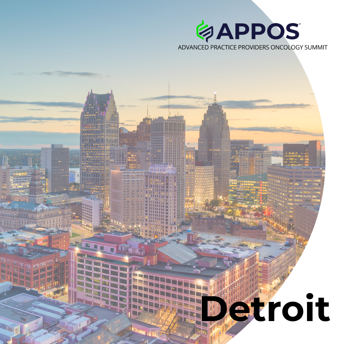 A photo of the Detroit skyline with the APPOS logo across the top