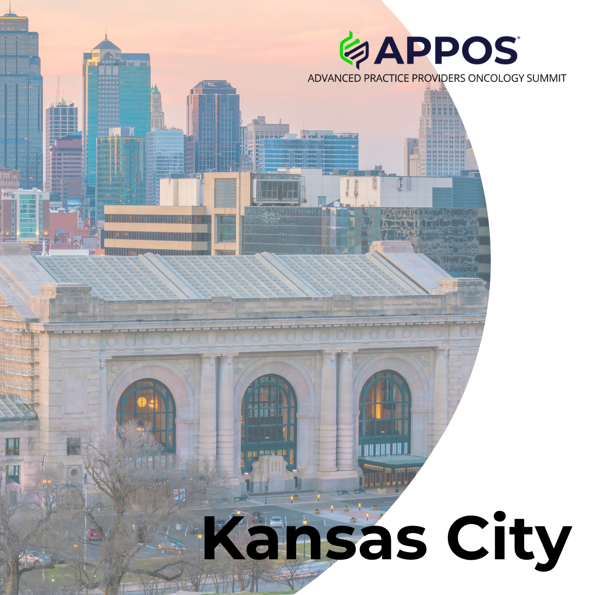 A photo of the Kansas City skyline with the APPOS logo across the top