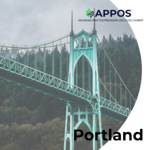 A photo of the St. Johns Bridge with the APPOS logo across the top