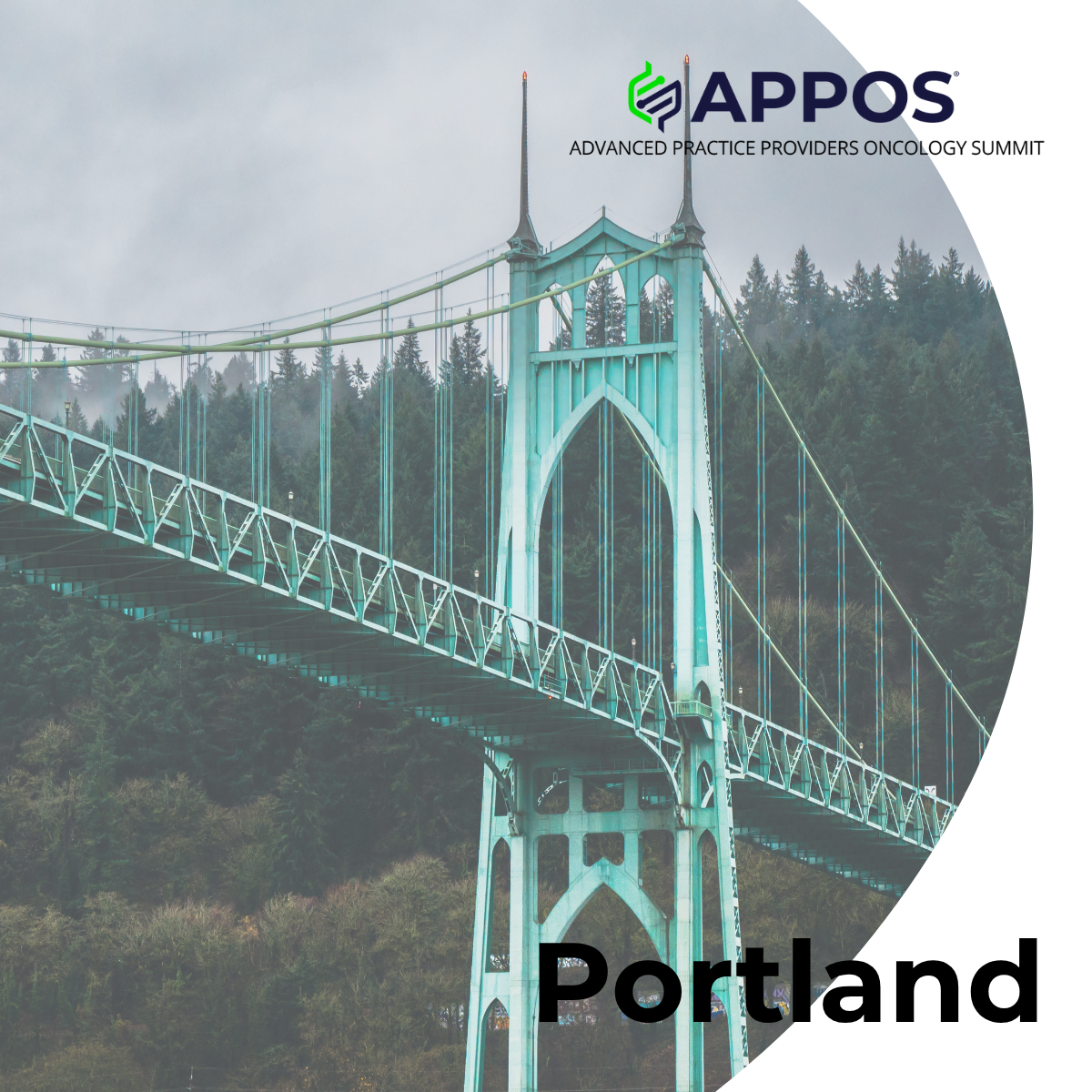 A photo of the St. Johns Bridge with the APPOS logo across the top