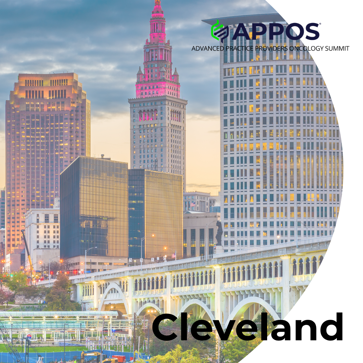 A photo of the Cleveland skyline with the APPOS logo across the top